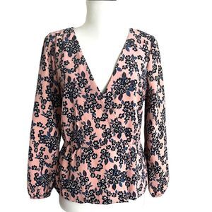 J Crew Floral Blouse Pink Womens S Peplum Long Sleeve Faux Wrap Flocked